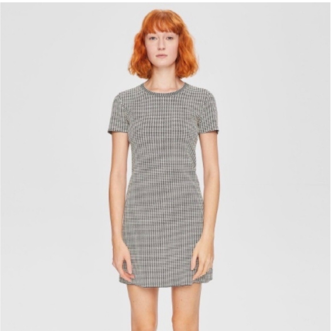 New Theory Houndstooth Knit Mini Dress Petite Black White Crew Neck Branteen Nwt